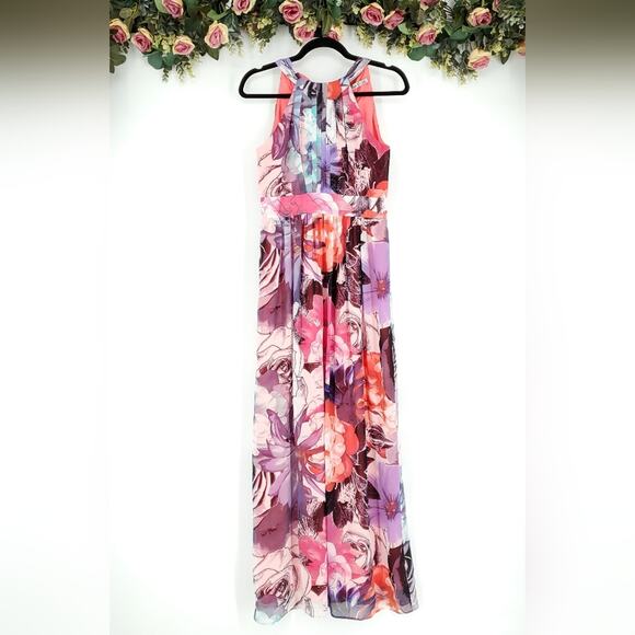 Eliza J Floral Halter Chiffon Multi-color Floral Maxi Dress Petite Size 4 - Picture 1 of 15